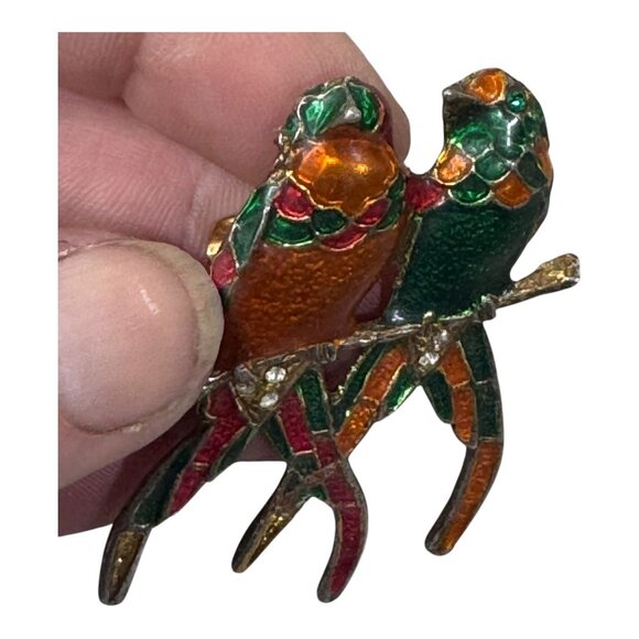 Vintage Enamel Parrot Brooch Rhinestones Parakeet Lovebirds Duette Pin Orange - Picture 2 of 5